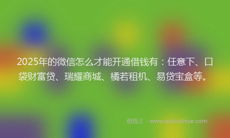 2025年的微信怎么才能开通借钱有：任意下、口袋财富贷、瑞耀商城、橘若租机、易贷宝盒等。