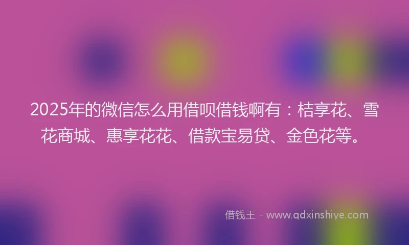 2025年的微信怎么用借呗借钱啊有：桔享花、雪花商城、惠享花花、借款宝易贷、金色花等。