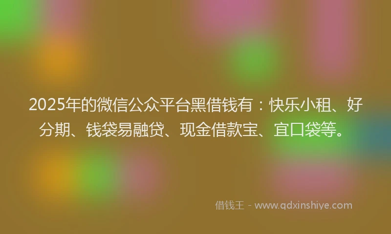2025年的微信公众平台黑借钱有：快乐小租、好分期、钱袋易融贷、现金借款宝、宜口袋等。