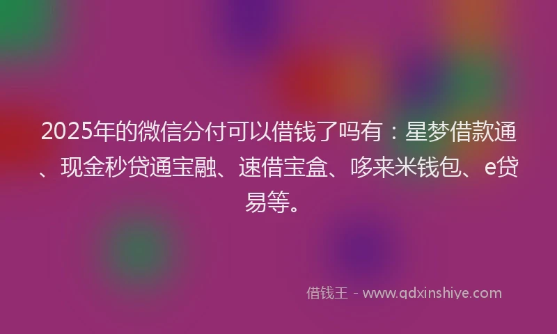 2025年的微信分付可以借钱了吗有：星梦借款通、现金秒贷通宝融、速借宝盒、哆来米钱包、e贷易等。