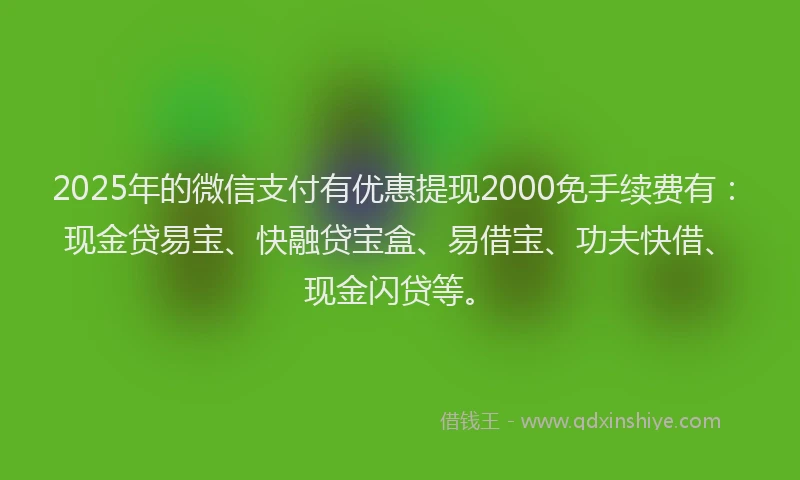 2025年的微信支付有优惠提现2000免手续费有：现金贷易宝、快融贷宝盒、易借宝、功夫快借、现金闪贷等。
