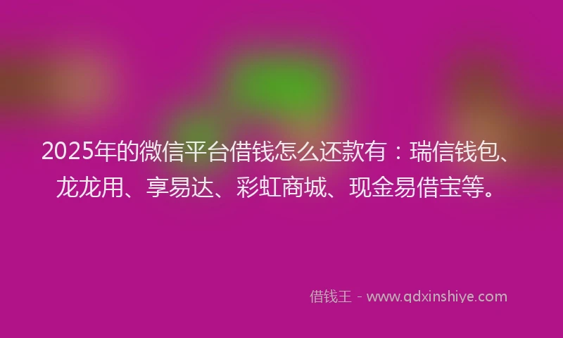 2025年的微信平台借钱怎么还款有：瑞信钱包、龙龙用、享易达、彩虹商城、现金易借宝等。