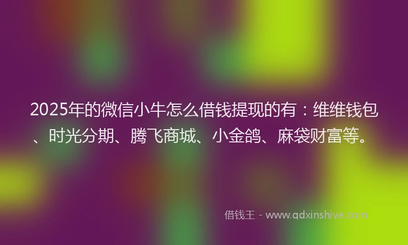 2025年的微信小牛怎么借钱提现的有：维维钱包、时光分期、腾飞商城、小金鸽、麻袋财富等。
