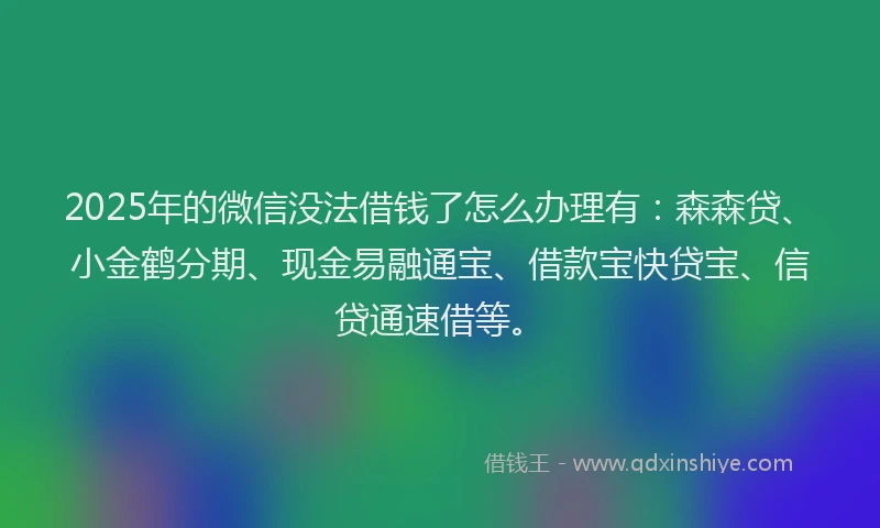 2025年的微信没法借钱了怎么办理有：森森贷、小金鹤分期、现金易融通宝、借款宝快贷宝、信贷通速借等。