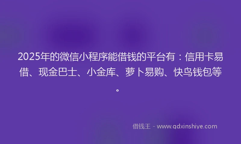 2025年的微信小程序能借钱的平台有：信用卡易借、现金巴士、小金库、萝卜易购、快鸟钱包等。