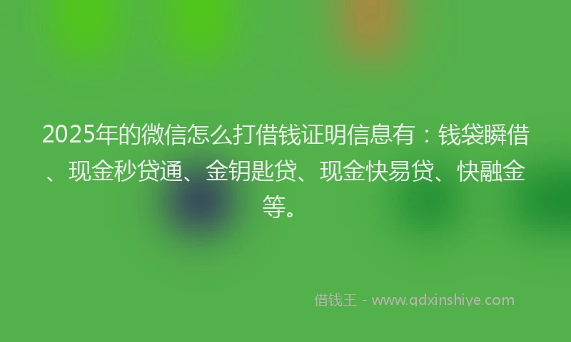 2025年的微信怎么打借钱证明信息有：钱袋瞬借、现金秒贷通、金钥匙贷、现金快易贷、快融金等。