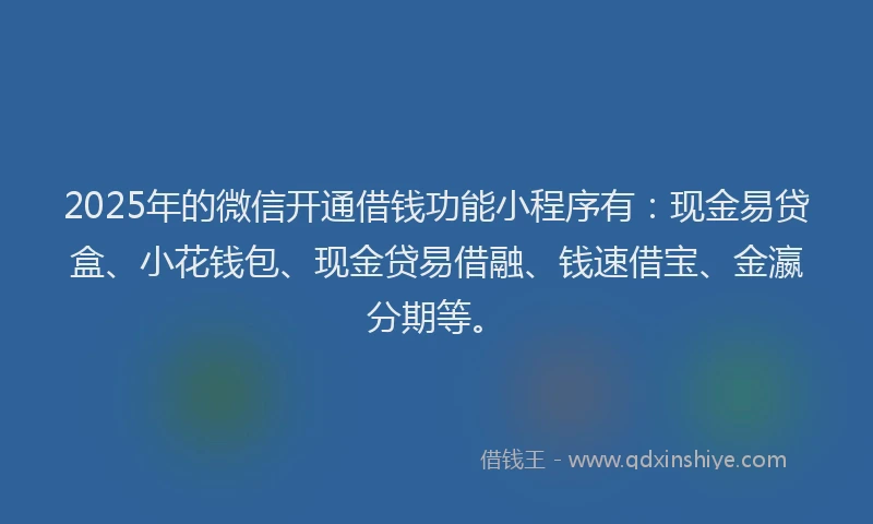 2025年的微信开通借钱功能小程序有：现金易贷盒、小花钱包、现金贷易借融、钱速借宝、金瀛分期等。