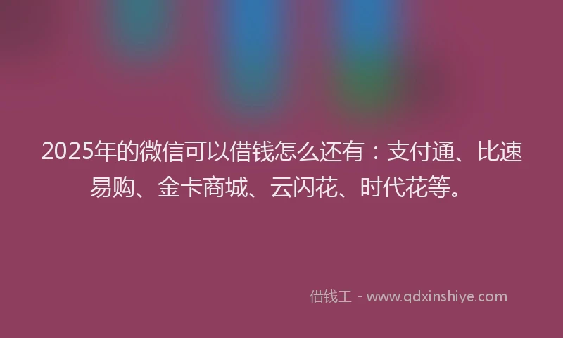 2025年的微信可以借钱怎么还有：支付通、比速易购、金卡商城、云闪花、时代花等。