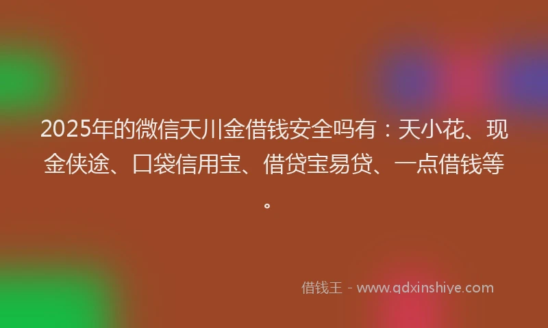 2025年的微信天川金借钱安全吗有：天小花、现金侠途、口袋信用宝、借贷宝易贷、一点借钱等。