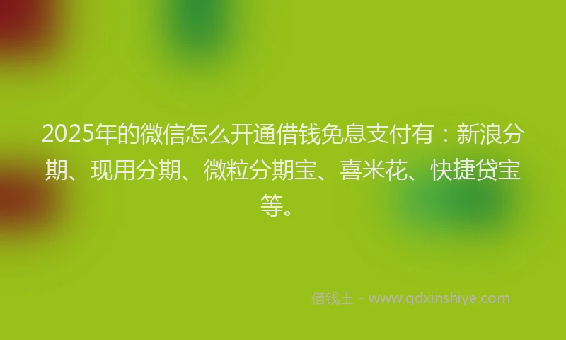 2025年的微信怎么开通借钱免息支付有：新浪分期、现用分期、微粒分期宝、喜米花、快捷贷宝等。