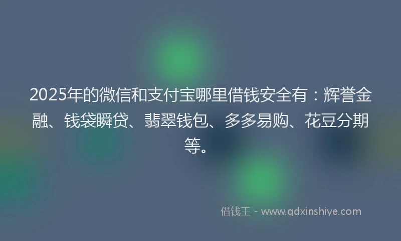 2025年的微信和支付宝哪里借钱安全有：辉誉金融、钱袋瞬贷、翡翠钱包、多多易购、花豆分期等。