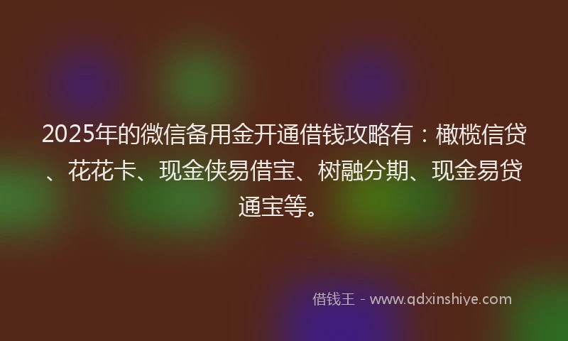 2025年的微信备用金开通借钱攻略有：橄榄信贷、花花卡、现金侠易借宝、树融分期、现金易贷通宝等。