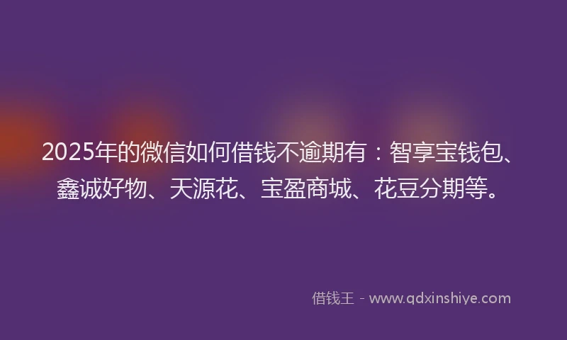 2025年的微信如何借钱不逾期有：智享宝钱包、鑫诚好物、天源花、宝盈商城、花豆分期等。