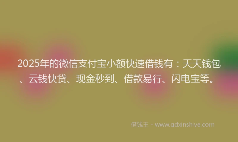 2025年的微信支付宝小额快速借钱有：天天钱包、云钱快贷、现金秒到、借款易行、闪电宝等。