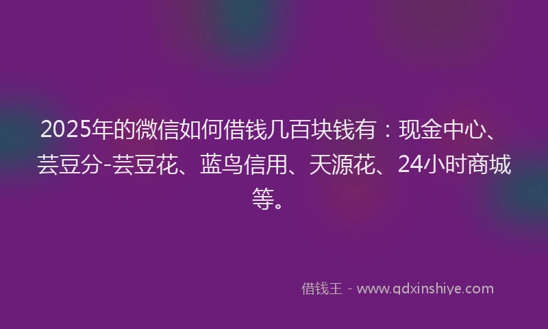 2025年的微信如何借钱几百块钱有：现金中心、芸豆分-芸豆花、蓝鸟信用、天源花、24小时商城等。