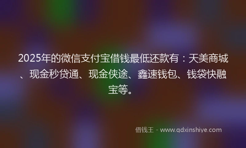 2025年的微信支付宝借钱最低还款有：天美商城、现金秒贷通、现金侠途、鑫速钱包、钱袋快融宝等。