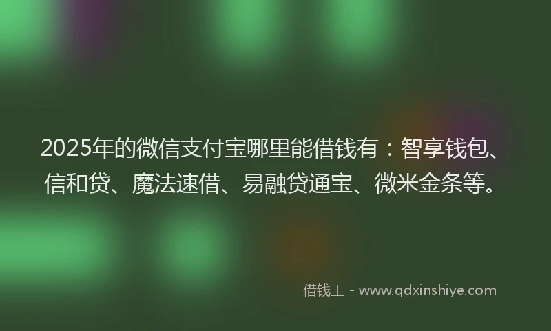 2025年的微信支付宝哪里能借钱有：智享钱包、信和贷、魔法速借、易融贷通宝、微米金条等。