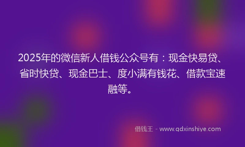 2025年的微信新人借钱公众号有：现金快易贷、省时快贷、现金巴士、度小满有钱花、借款宝速融等。