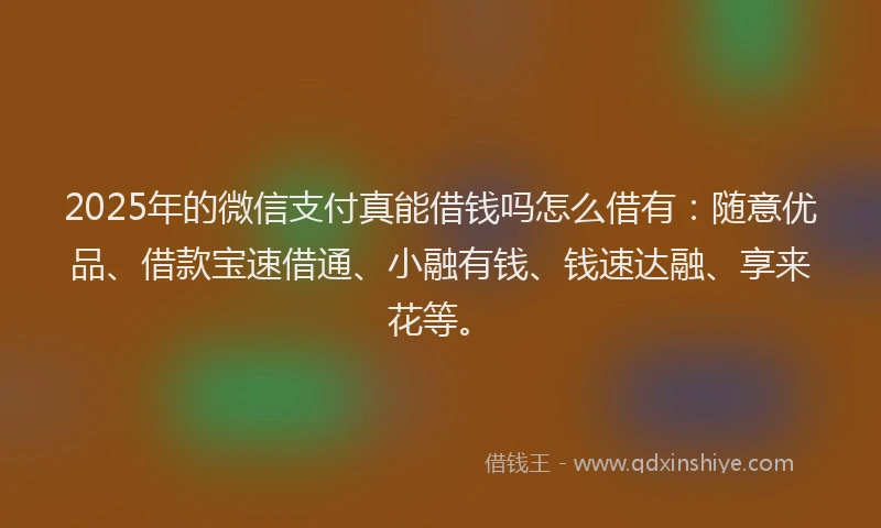 2025年的微信支付真能借钱吗怎么借有：随意优品、借款宝速借通、小融有钱、钱速达融、享来花等。