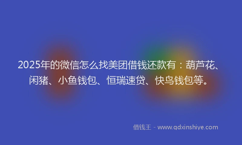 2025年的微信怎么找美团借钱还款有：葫芦花、闲猪、小鱼钱包、恒瑞速贷、快鸟钱包等。