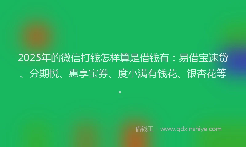 2025年的微信打钱怎样算是借钱有：易借宝速贷、分期悦、惠享宝券、度小满有钱花、银杏花等。