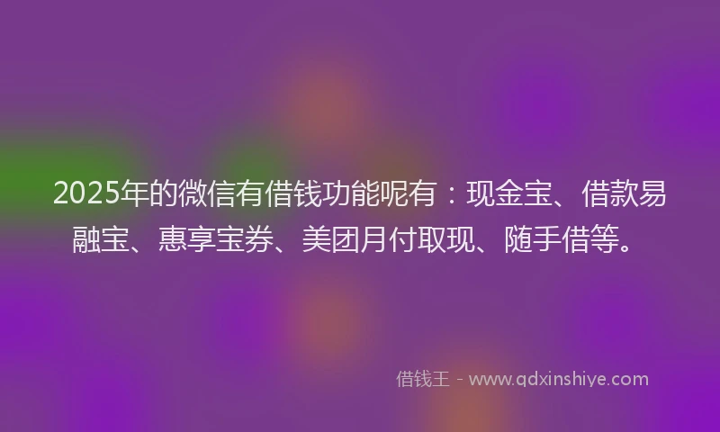 2025年的微信有借钱功能呢有：现金宝、借款易融宝、惠享宝券、美团月付取现、随手借等。