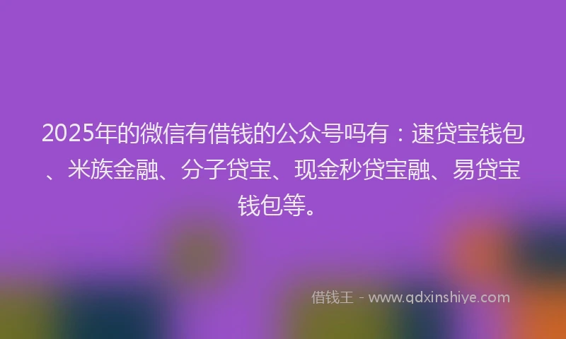 2025年的微信有借钱的公众号吗有：速贷宝钱包、米族金融、分子贷宝、现金秒贷宝融、易贷宝钱包等。