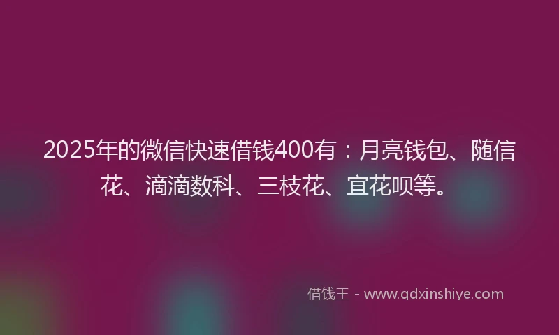 2025年的微信快速借钱400有：月亮钱包、随信花、滴滴数科、三枝花、宜花呗等。