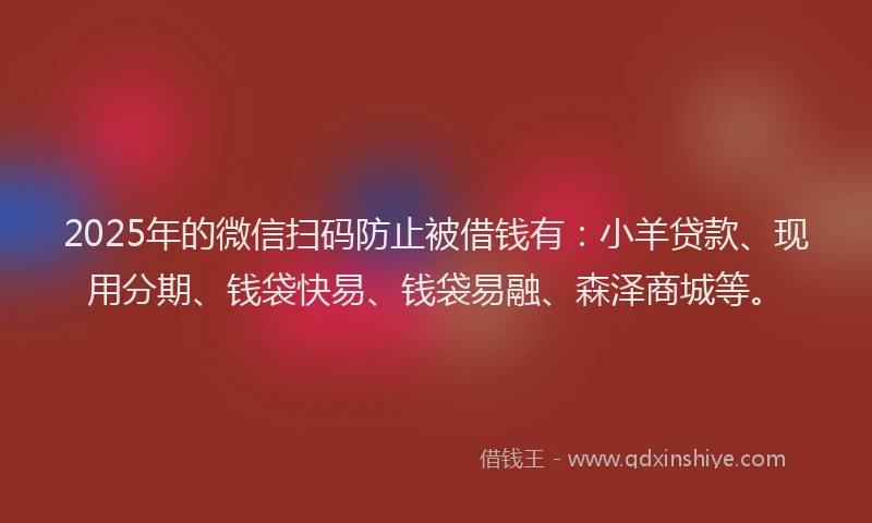 2025年的微信扫码防止被借钱有：小羊贷款、现用分期、钱袋快易、钱袋易融、森泽商城等。