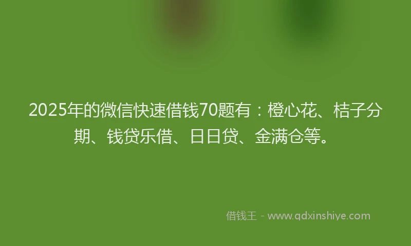 2025年的微信快速借钱70题有：橙心花、桔子分期、钱贷乐借、日日贷、金满仓等。