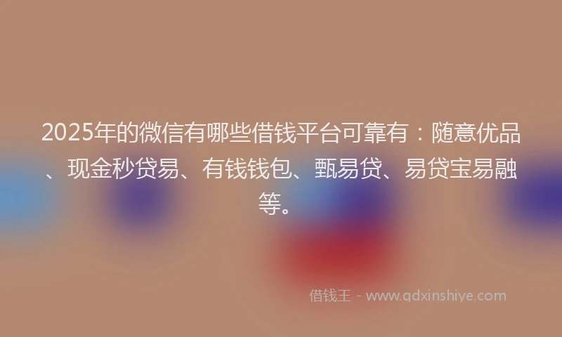 2025年的微信有哪些借钱平台可靠有：随意优品、现金秒贷易、有钱钱包、甄易贷、易贷宝易融等。