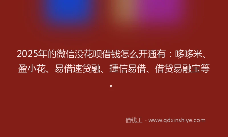 2025年的微信没花呗借钱怎么开通有：哆哆米、盈小花、易借速贷融、捷信易借、借贷易融宝等。