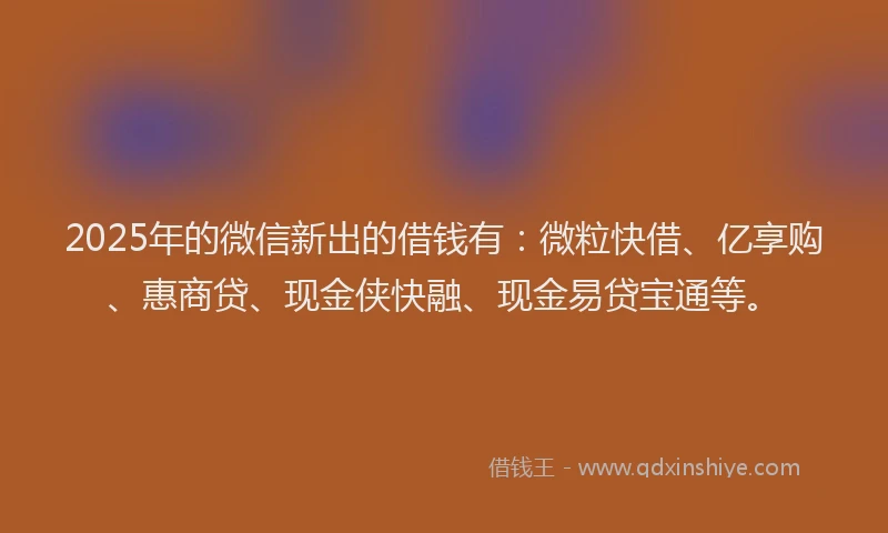 2025年的微信新出的借钱有：微粒快借、亿享购、惠商贷、现金侠快融、现金易贷宝通等。