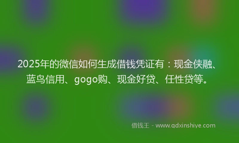 2025年的微信如何生成借钱凭证有：现金侠融、蓝鸟信用、gogo购、现金好贷、任性贷等。