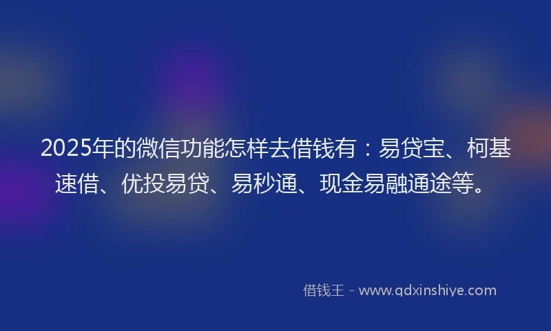 2025年的微信功能怎样去借钱有：易贷宝、柯基速借、优投易贷、易秒通、现金易融通途等。