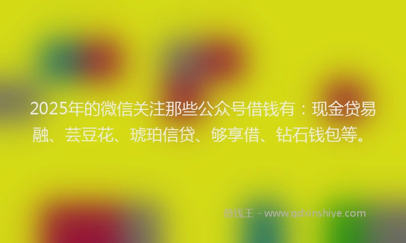 2025年的微信关注那些公众号借钱有：现金贷易融、芸豆花、琥珀信贷、够享借、钻石钱包等。