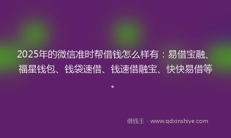 2025年的微信准时帮借钱怎么样有：易借宝融、福星钱包、钱袋速借、钱速借融宝、快快易借等。