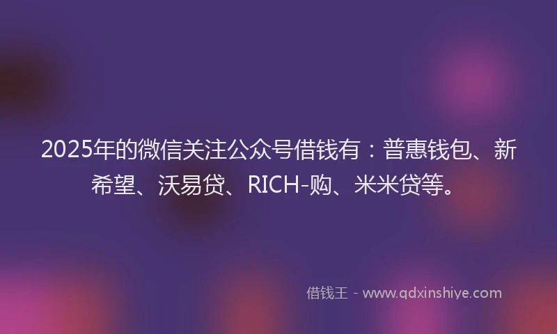 2025年的微信关注公众号借钱有：普惠钱包、新希望、沃易贷、RICH-购、米米贷等。