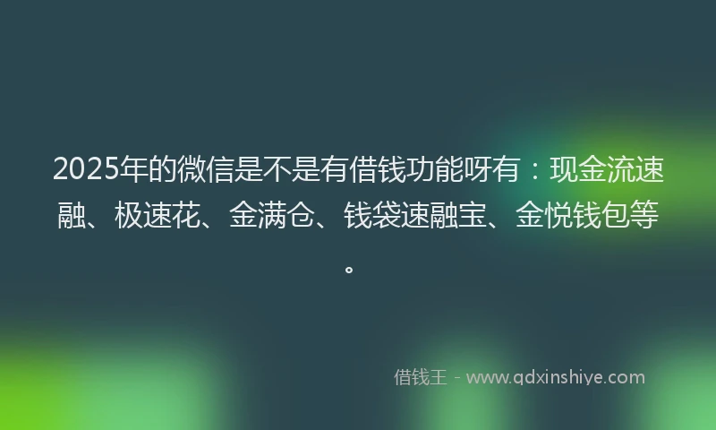 2025年的微信是不是有借钱功能呀有：现金流速融、极速花、金满仓、钱袋速融宝、金悦钱包等。