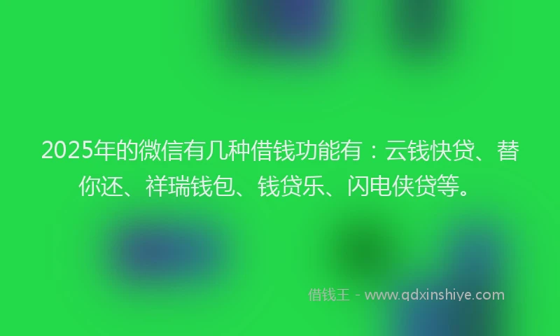 2025年的微信有几种借钱功能有：云钱快贷、替你还、祥瑞钱包、钱贷乐、闪电侠贷等。
