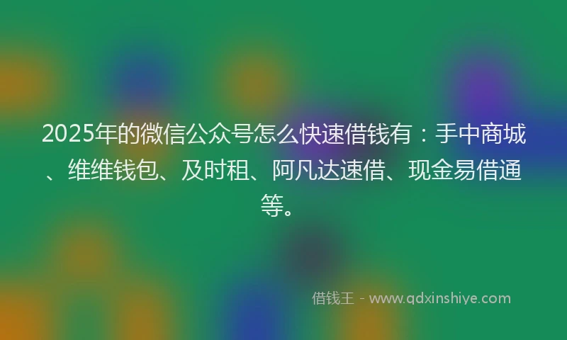 2025年的微信公众号怎么快速借钱有：手中商城、维维钱包、及时租、阿凡达速借、现金易借通等。