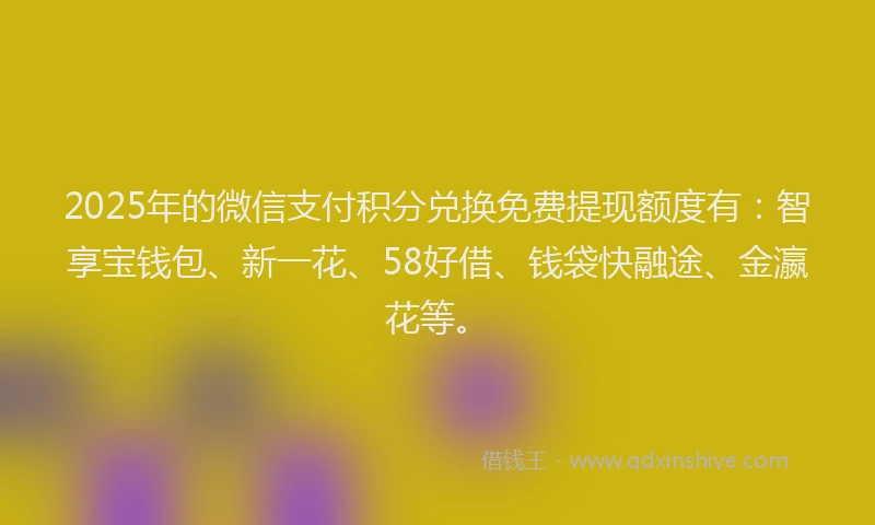 2025年的微信支付积分兑换免费提现额度有：智享宝钱包、新一花、58好借、钱袋快融途、金瀛花等。