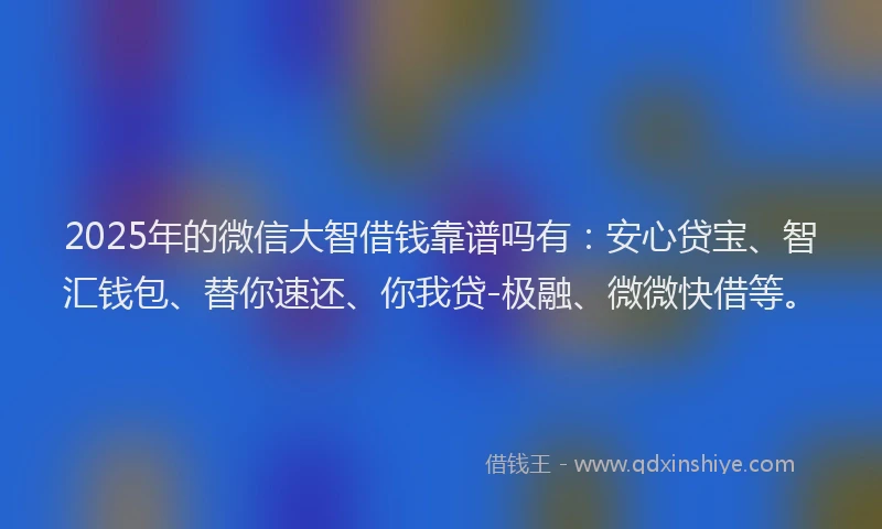 2025年的微信大智借钱靠谱吗有：安心贷宝、智汇钱包、替你速还、你我贷-极融、微微快借等。