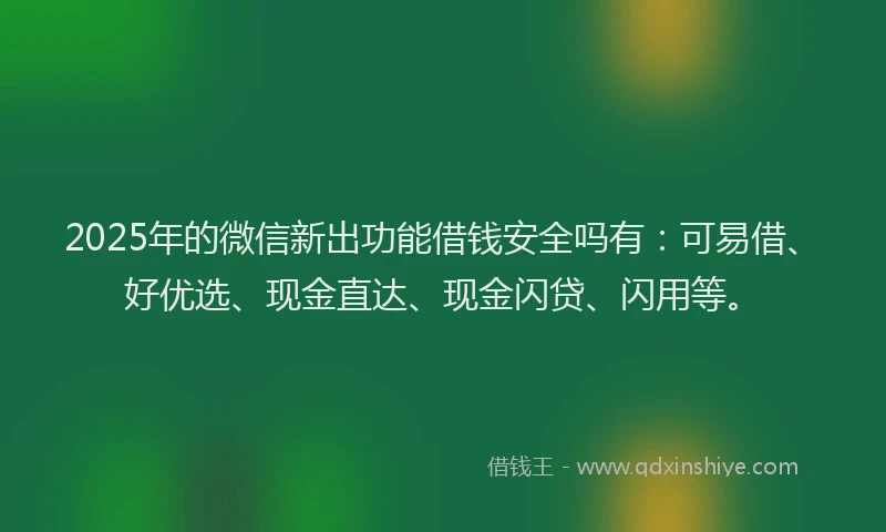 2025年的微信新出功能借钱安全吗有：可易借、好优选、现金直达、现金闪贷、闪用等。
