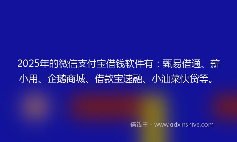 2025年的微信支付宝借钱软件有：甄易借通、薪小用、企鹅商城、借款宝速融、小油菜快贷等。