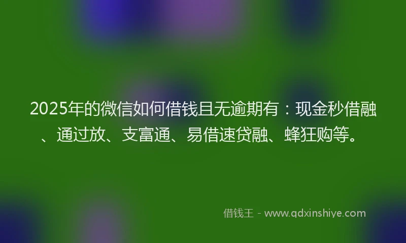 2025年的微信如何借钱且无逾期有：现金秒借融、通过放、支富通、易借速贷融、蜂狂购等。