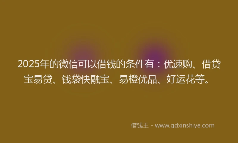 2025年的微信可以借钱的条件有：优速购、借贷宝易贷、钱袋快融宝、易橙优品、好运花等。