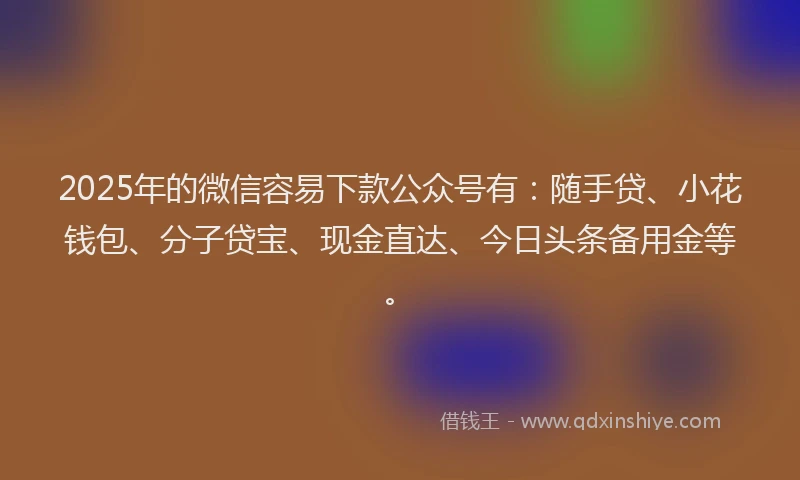 2025年的微信容易下款公众号有：随手贷、小花钱包、分子贷宝、现金直达、今日头条备用金等。