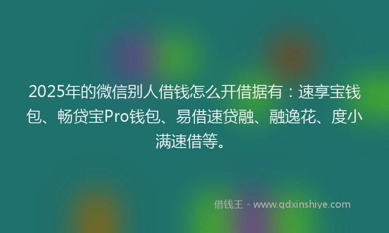 2025年的微信别人借钱怎么开借据有：速享宝钱包、畅贷宝Pro钱包、易借速贷融、融逸花、度小满速借等。