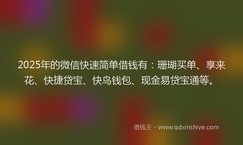 2025年的微信快速简单借钱有：珊瑚买单、享来花、快捷贷宝、快鸟钱包、现金易贷宝通等。
